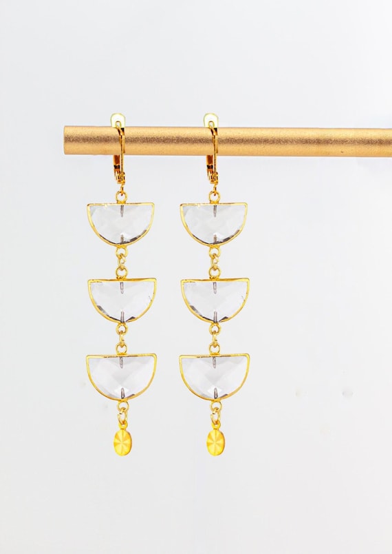 Clear Crystal Statement Earrings: Long Gold Dangling Quartz Drops, Bold Elegant Gemstone Jewelry