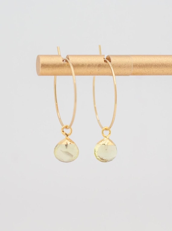Dainty Yellow Gemstone Earrings: Boho Chic Small Stainless Steel Gold Hoops, Elegant Lemon Quartz Jewelry for Everyday Wear