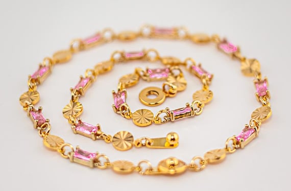 Pink Glass Bracelet: Art Deco Gold Link, Vintage Style