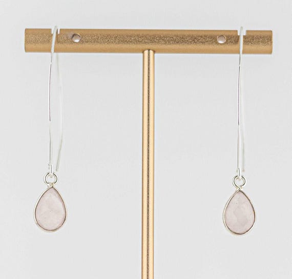 Rose Quartz Drop Earrings: Minimalist Silver Fishhook Style, Dainty Everyday Pale Pink Gemstone Jewelry