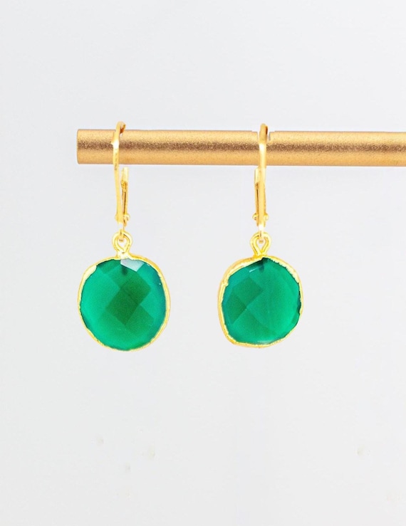 Emerald Green Onyx Drop Earrings: Dainty Boho Chic Gold Jewelry for Everyday