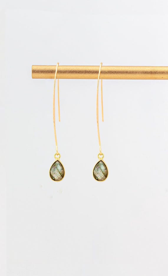 Labradorite Drop Earrings: Minimalist Gold Fishhook Style, Boho Chic Everyday Jewelry