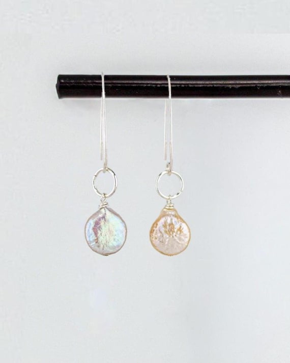 Peach Pearl Drop Earrings: Dainty Silver Fishook Style, Beach and Boho Wedding Shell Jewelry