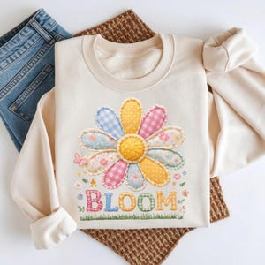 PNG de Primavera, Patch Retrô Bordado Flor Desabrochando PNG, Design Floral Boho para Sublimação (Download Digital)