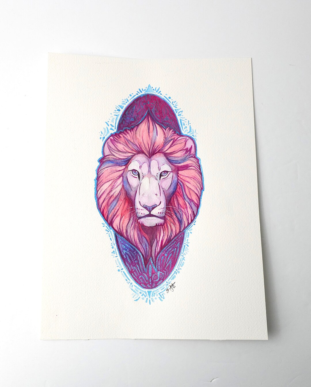 Nearly Noble Pink Lion ORIGINAL Watercolor Painting One Of A Kind Big 