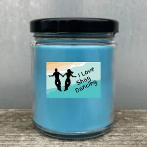 Shag Dancing 9 oz. soy candles in 5 scents: Vanilla, Baja Breeze, Apple Cinnamon, Watermelon, and Birch and Black Pepper