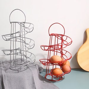 Metal Egg Skelter with Storage Basket, Kitchen Spiral Egg Holder Dispenser  Rack