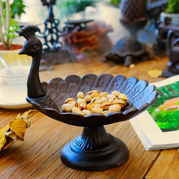 Cast Iron Peacock Serving Dish, Decorative Metal Standing Feathered Bird  Plate, Dried Fruit & Nut Serving and Storage Tabletop Platter 