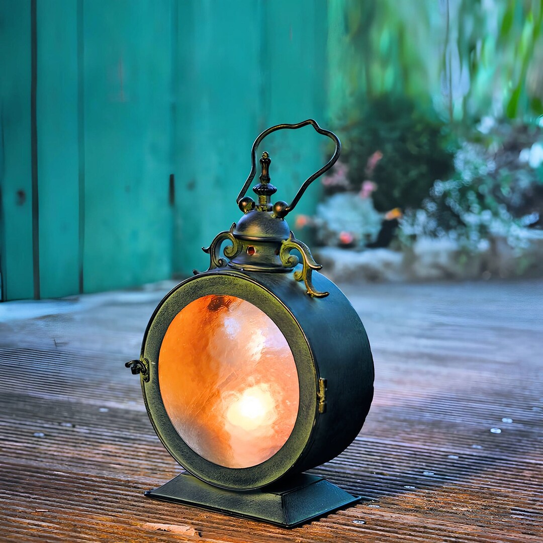 Metal Candle Lantern & Glass Panes. Round Body, Green Painted Metal