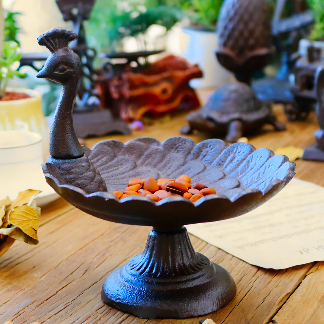 Cast Iron Peacock Serving Dish, Decorative Metal Standing Feathered