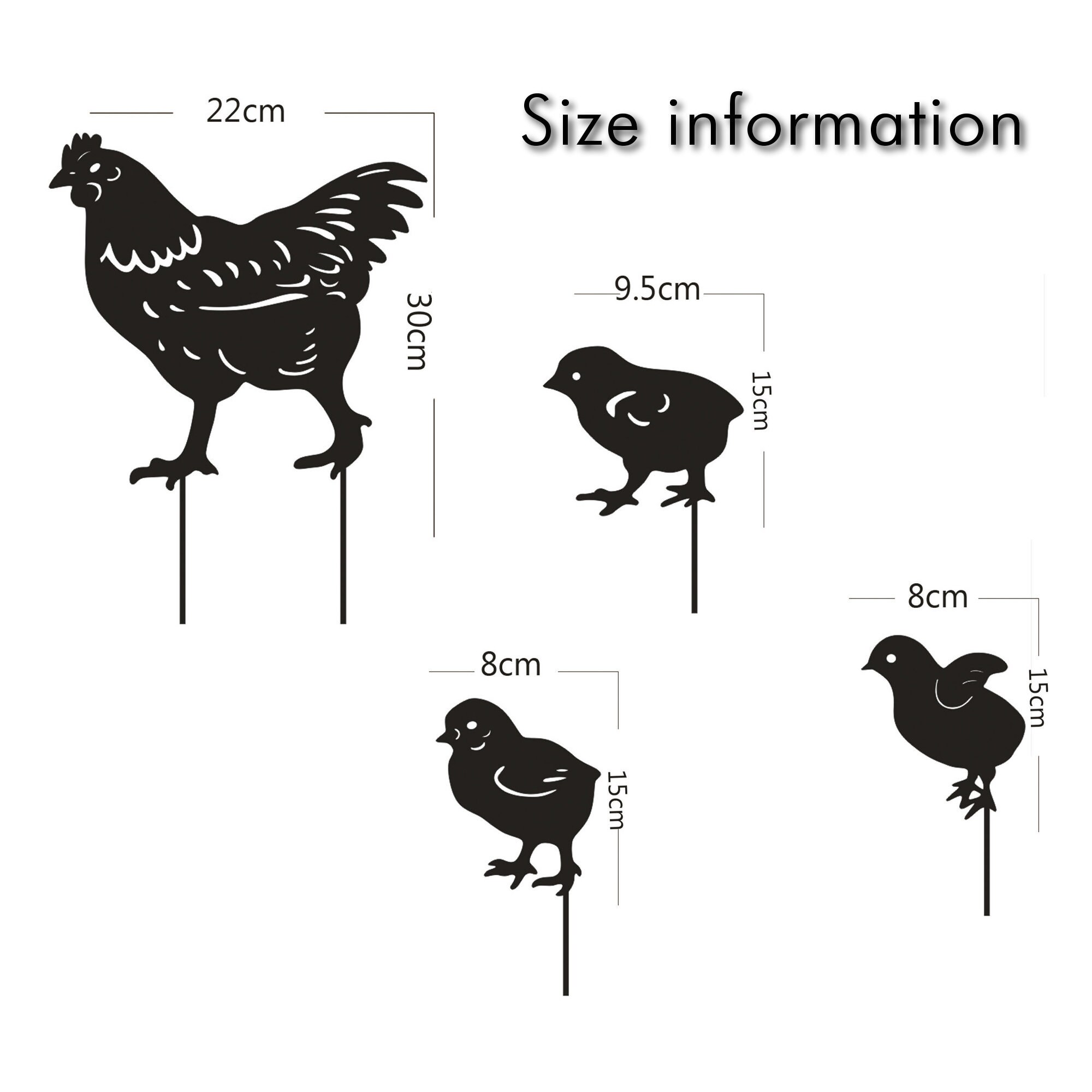 Chicken Metal Art Lawn Ornaments, 4 Piece Iron Set With a Hen and 3