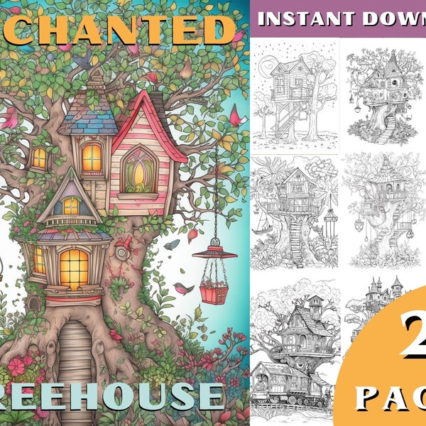 Enchanted Treehouse Coloring Book, 25 Whimsical Designs, Printable PDF, Adults Kids Coloring Pages, Instant Download