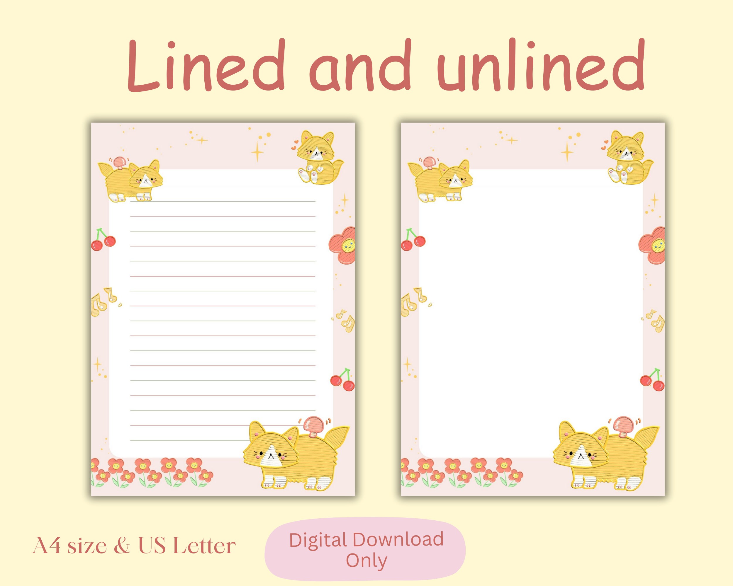 Kawaii Cats Stationary Printable Kawaii Pages Pastel Lined Pages Cute