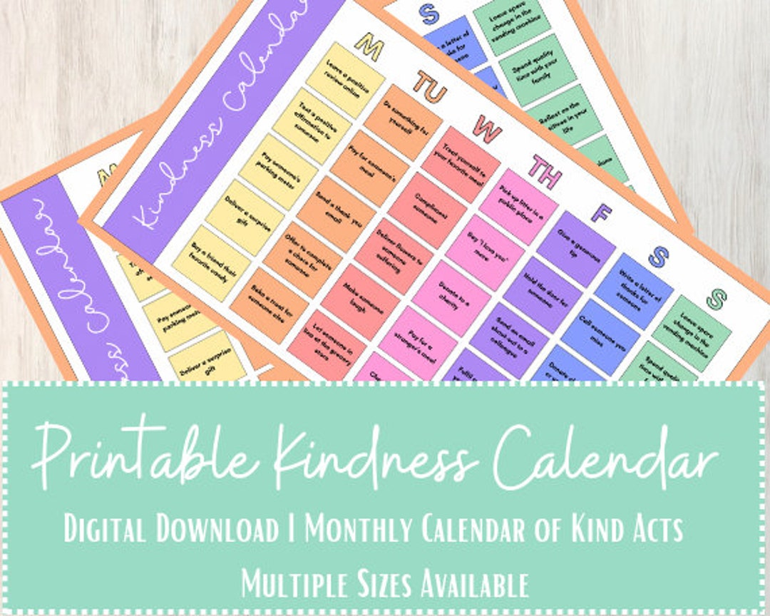 PRINTABLE Kindness Calendar Month Long Pay It Forward Random - Etsy