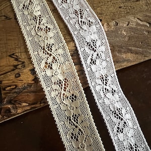 White Ecru French Val Insertion Lace 1" wide with Flowers Heirloom Sewing Cotton Lace