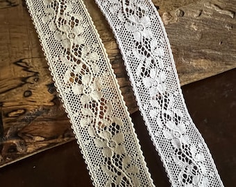 White Ecru French Val Insertion Lace 1" wide with Flowers Heirloom Sewing Cotton Lace