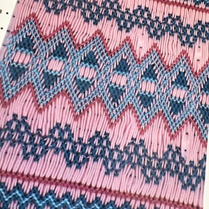 May include: A close-up of a pink fabric with a blue and dark blue geometric pattern. The pattern is made up of zigzags and diamonds.