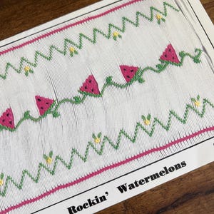 May include: A white fabric with a repeating pattern of pink watermelons and green vines. The design includes green zig-zag lines and yellow flower accents. The text "Rockin' Watermelons" is printed at the bottom.