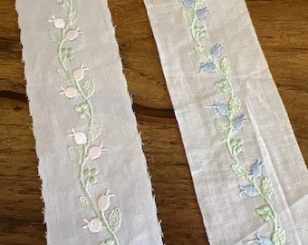 Swiss Embroidered Pink, Blue, or White Tulip Flower Insertion with Green Leaves 1 3/4" Wide Heirloom Sewing Dress Making