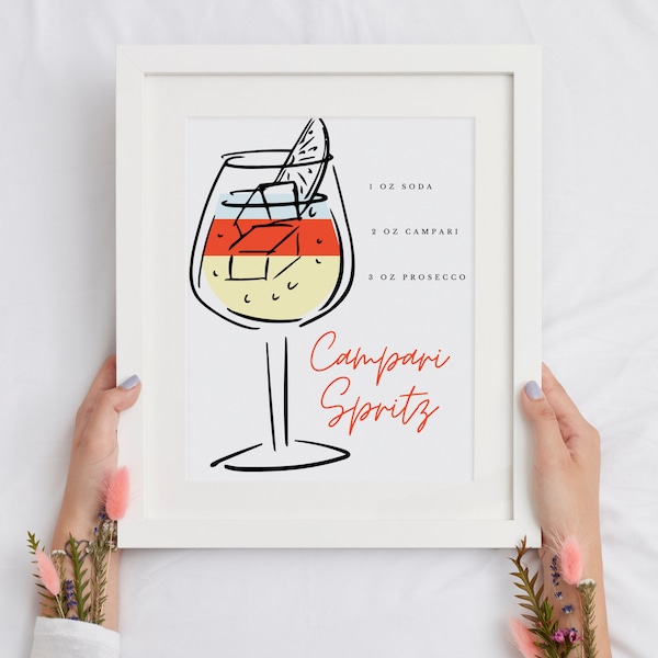 Campari Spritz Recipe – White | Cocktail Poster | Cocktail Print | Kitchen Art | Recipe Card | Art Gift | Instant Digital Download