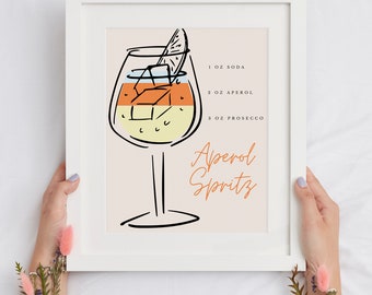 Receita de Aperol Spritz – Pêssego | coquetel pôster | Impressão de coquetel | Arte na cozinha | Cartão de receita | Presente de arte | Download Digital Instantâneo