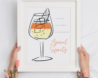 Receta de Aperol Spritz (blanco) / Póster de cóctel / Impresión de cóctel / Arte de cocina / Tarjeta de receta / Regalo artístico / Descarga digital instantánea