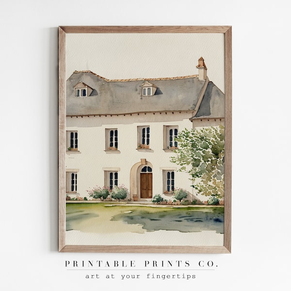 European House with Grey Roof Watercolor Painting | European Village | Vintage Farmhouse Printable Prints Downloadable PRINTABLE Digital Art