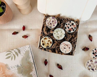 Energy box - 5 tea lights with lithotherapy crystals, essential oil and dried flowers