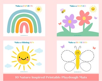 May include: Four printable playdough mats featuring a rainbow, a flower, a sun, and a butterfly. Each mat has a simple outline for kids to follow while creating with playdough.
