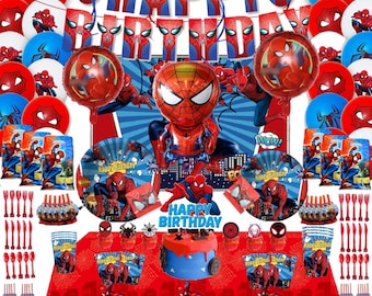 217 PCS Spiderman Birthday Party Supplies for 15 Guest, Spiderman Birthday Decorations with Happy Birthday Banner, Hanging Swirl, Balloons