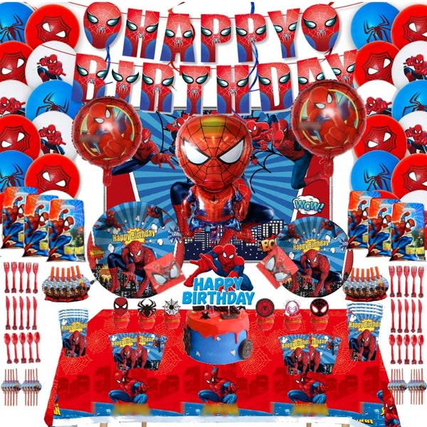 217 PCS Spiderman Birthday Party Supplies for 15 Guest, Spiderman Birthday Decorations with Happy Birthday Banner, Hanging Swirl, Balloons