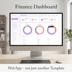 Könnte beinhalten: Ein Computermonitor, der ein Finanz-Dashboard mit Datenvisualisierungen anzeigt. Der Bildschirm zeigt die Einkommens- und Ausgabenverteilung, mit dem Text "Finance Dashboard" oben und "WebApp - not just another Template" unten. Eine Tastatur und eine Maus befinden sich davor.