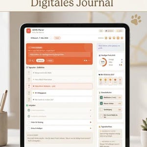 Könnte beinhalten: Ein digitales Tablet, das eine Planer-App mit dem Text "ADHS-Planer Digitales Journal" anzeigt. Die App-Oberfläche zeigt einen Kalender, Aufgabenlisten und Fortschrittsverfolgungen in Orange, Weiß und Grau. Ein Stift und eine kleine Pflanze sind sichtbar.
