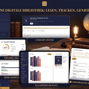 Könnte beinhalten: Eine digitale Bibliotheks-Oberfläche, die auf mehreren Tablets angezeigt wird. Die Bildschirme zeigen Buchverfolgung, Lesefortschritt und eine Wunschliste. Der Text enthält "Deine Digitale Bibliothek" und "Lesen mit System". Ein Globus, Bücher und eine Vintage-Glühbirne im Hintergrund.