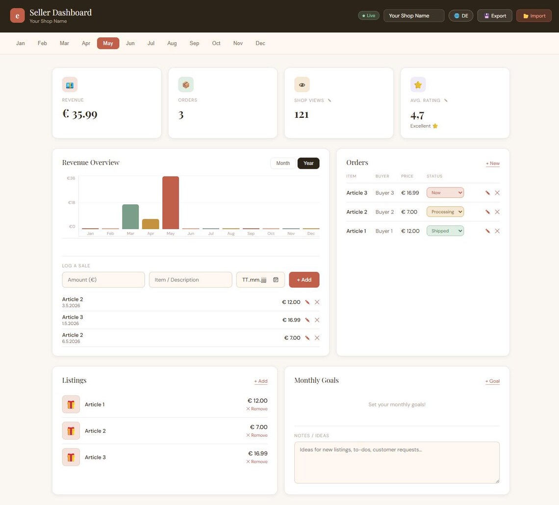 Etsy Seller Lite Dashboard - Visual Sales Tracker for Etsy - Einfaches ...