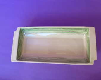 Rare Susie Cooper art deco rectangular dish in Crayon pattern (1933) with graduated alternating green lines and black crayon, collector gift