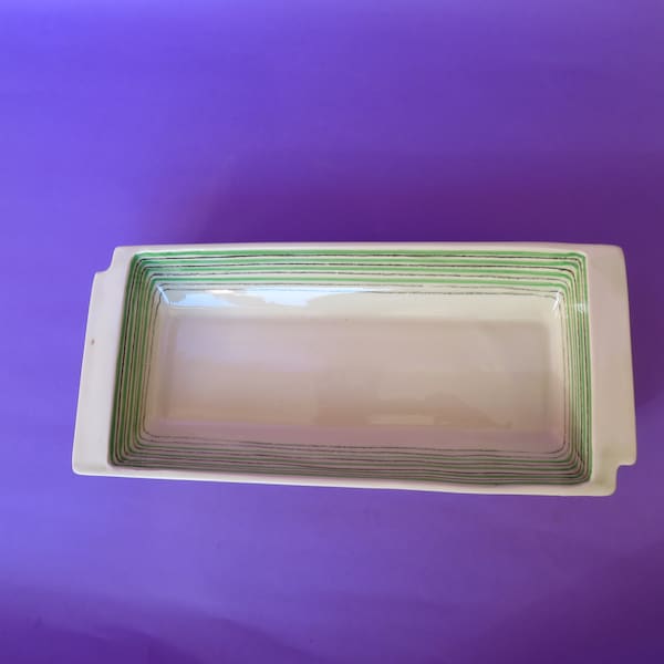 Rare Susie Cooper art deco rectangular dish in Crayon pattern (1933) with graduated alternating green lines and black crayon, collector gift