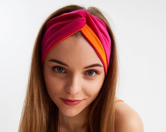 Fuchsia-Orange Headband, Wide Stretchy Headband, Organic Cotton, Women Headband