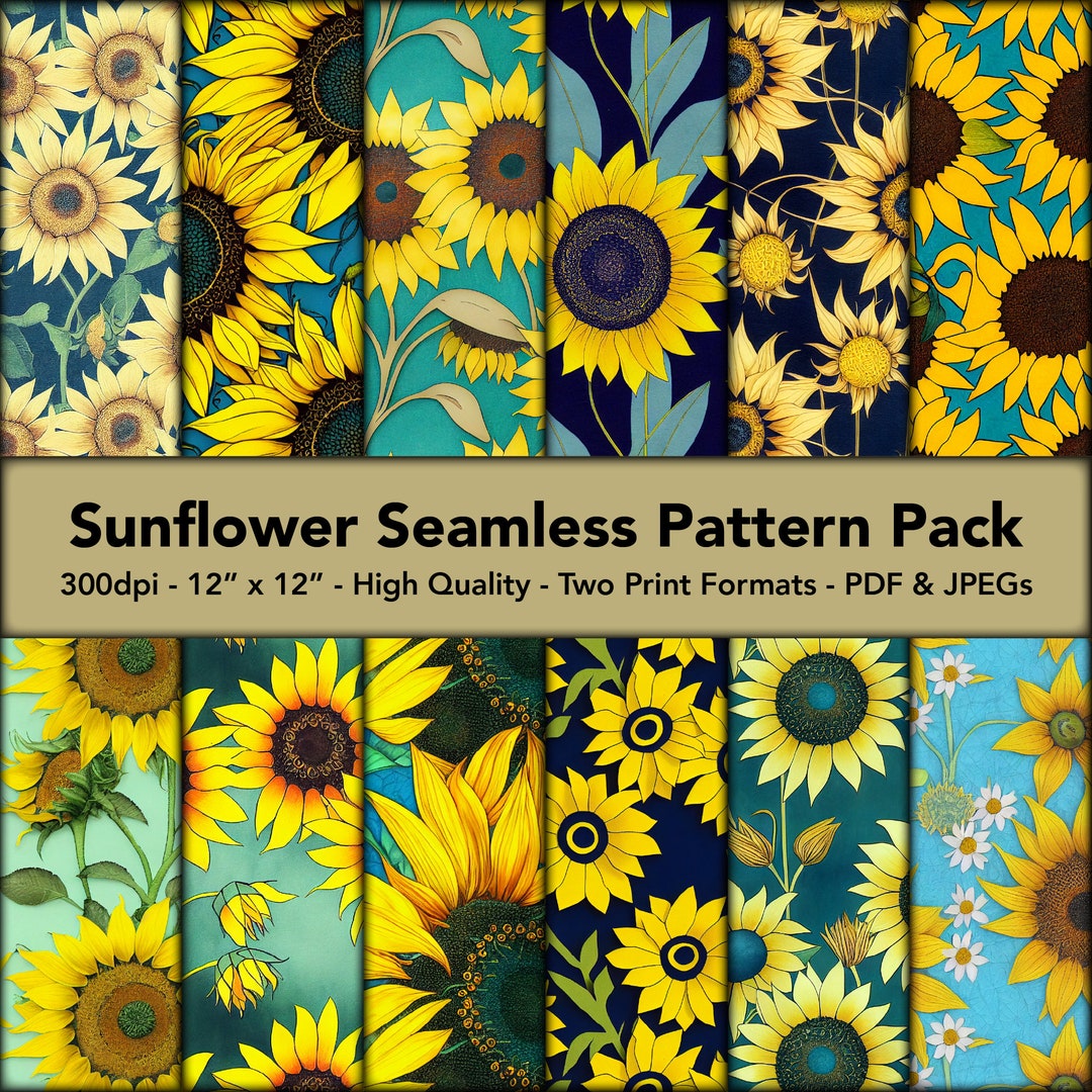 Sunflower Seamless Pattern Pack - 12 Print Quality Digital Paper - Two ...