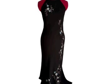 Vintage 90s Y2K Embellished Formal Maxi Dress Floral Embroidery Evening Gown Bias Cut Slip Minimalist Beaded Whimsigoth Statement Fairycore