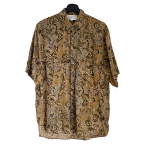 Vintage 100% Silk Unisex Short Sleeve Top Shirt Blouse Abstract Print Oversized Neutral Earth Tone Button Down Up Men’s Summer Vacation 90s