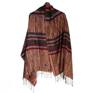 Pashmina And Silk Shawl Reversible Paisley Striped Wrap Scarf Boho Luxe Fringe Stole Multicolor Rainbow Whimsygoth Bohemian Vintage Unisex