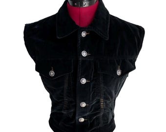 Vintage Jean Paul Gaultier Velvet Vest Y2K Gaultier Jeans Corset Panel Cropped Sleeveless Jacket Black Cotton Velour Avant Garde Gothic 90s