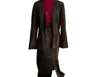 Vintage Y2K Olive Green Leather Suede Two Pieces Set Maxi Skirt Top Minimalist Boho Quiet Luxury Dark Academia Danier 90s Coord Ensemble