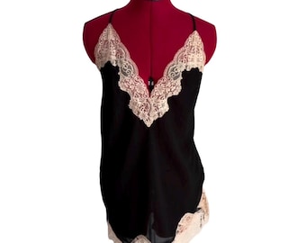 Vintage Y2K Black Sheer Slip Dress Lace Trim Mini Mesh Lingerie Chemise Camisole Ruched Side Coquette Fairycore Romantic Gothic Layering