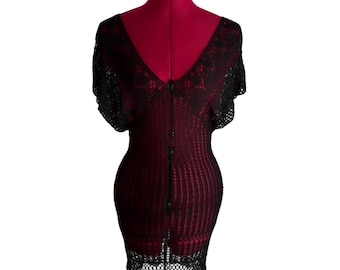 Vintage Y2K Black Sheer Crochet Dress Open Back Tie open Knit Bodycon Grunge Fairy Clubwear Gothic Bodycon Beachy Coastal Layering Mini Midi