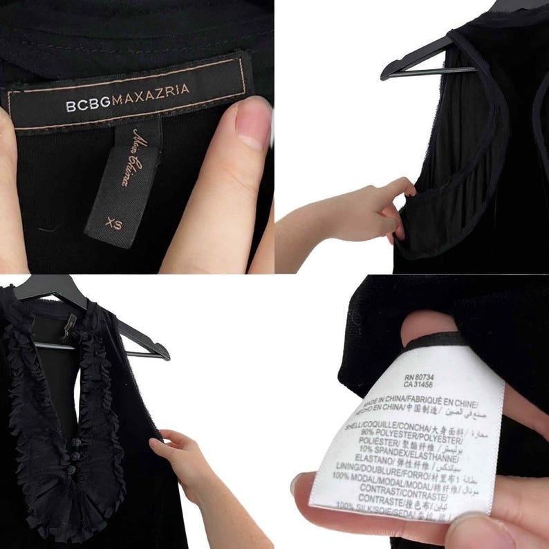 Puede incluir: Top negro sin mangas con cuello con volantes, colgado de una percha negra. La etiqueta BCBGMAXAZRIA es visible, junto con una etiqueta de talla XS. La composici&oacute;n de la tela incluye poli&eacute;ster, spandex y seda.