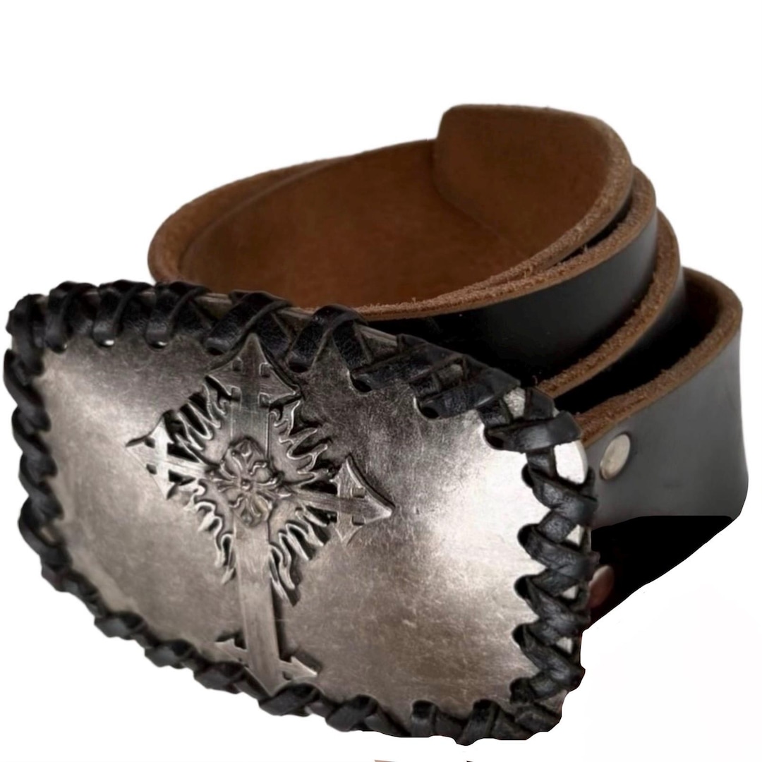Vintage 90s Y2K Gothic Leather Belt • Engraved Cross Metal Buckle ...