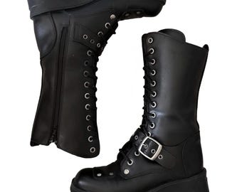 Vintage Black Leather Platform Combat Boots Made in Canada Lug Sole Alt Goth Punk Grunge Under The Knee High Festival Y2K 90s Size 6 US