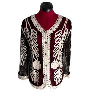 Vintage Black Lace Soutache Embroidered Jacket • Sheer Lace Boho Cardigan • Romantic Victorian Style Blouse • Prairie Festival Lace Top 90s